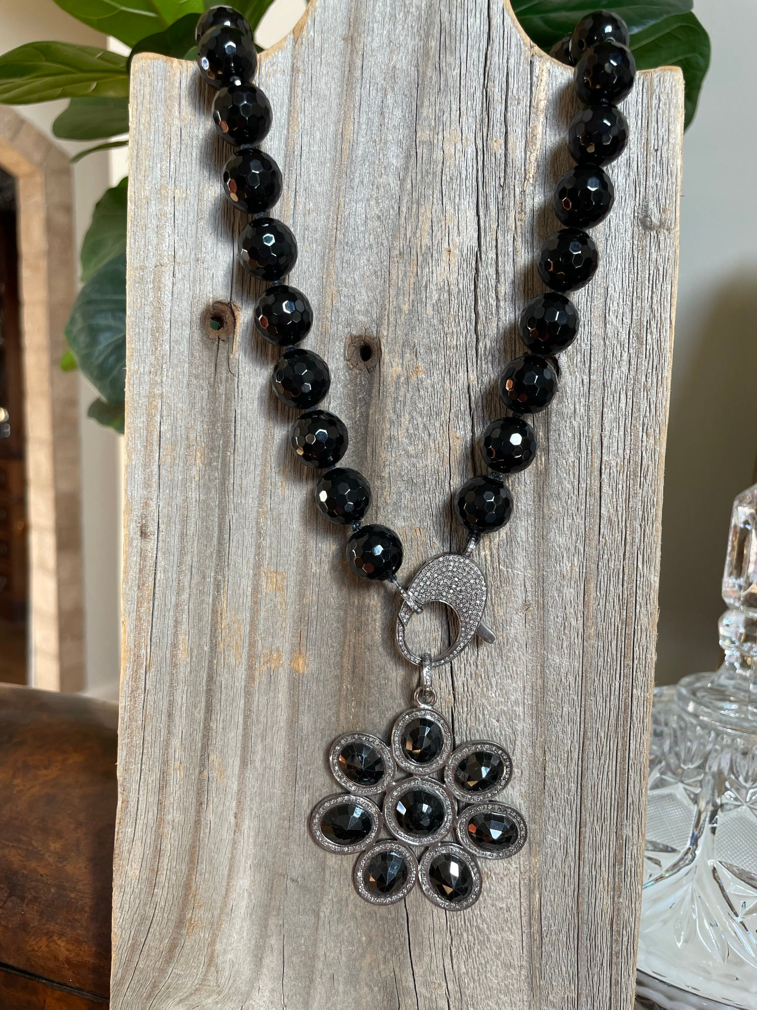 Flower Pendant in Sterling Silver Pave Diamond with Black Onyx