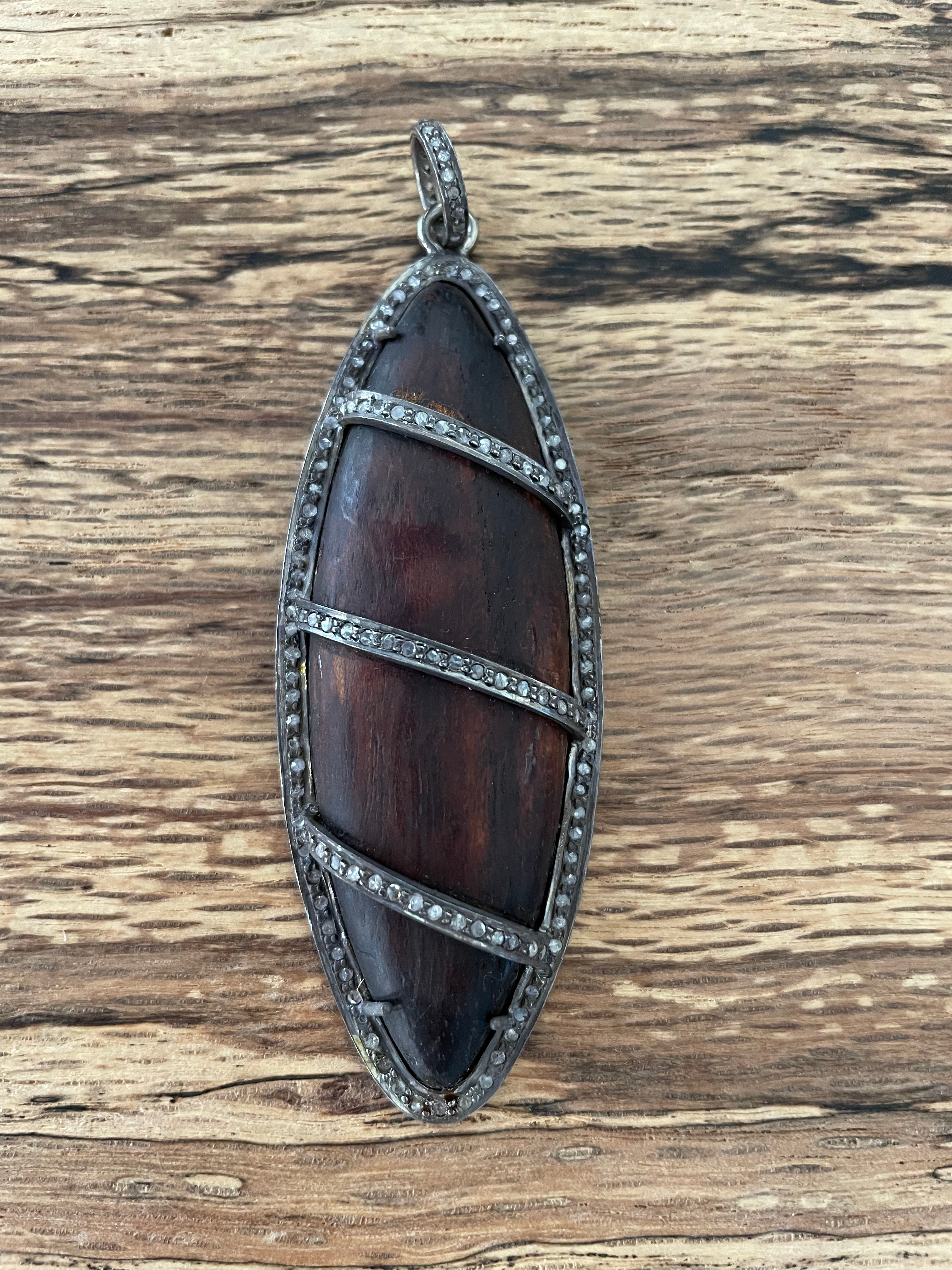 Pave Diamond Sterling Silver Wooden Pendant