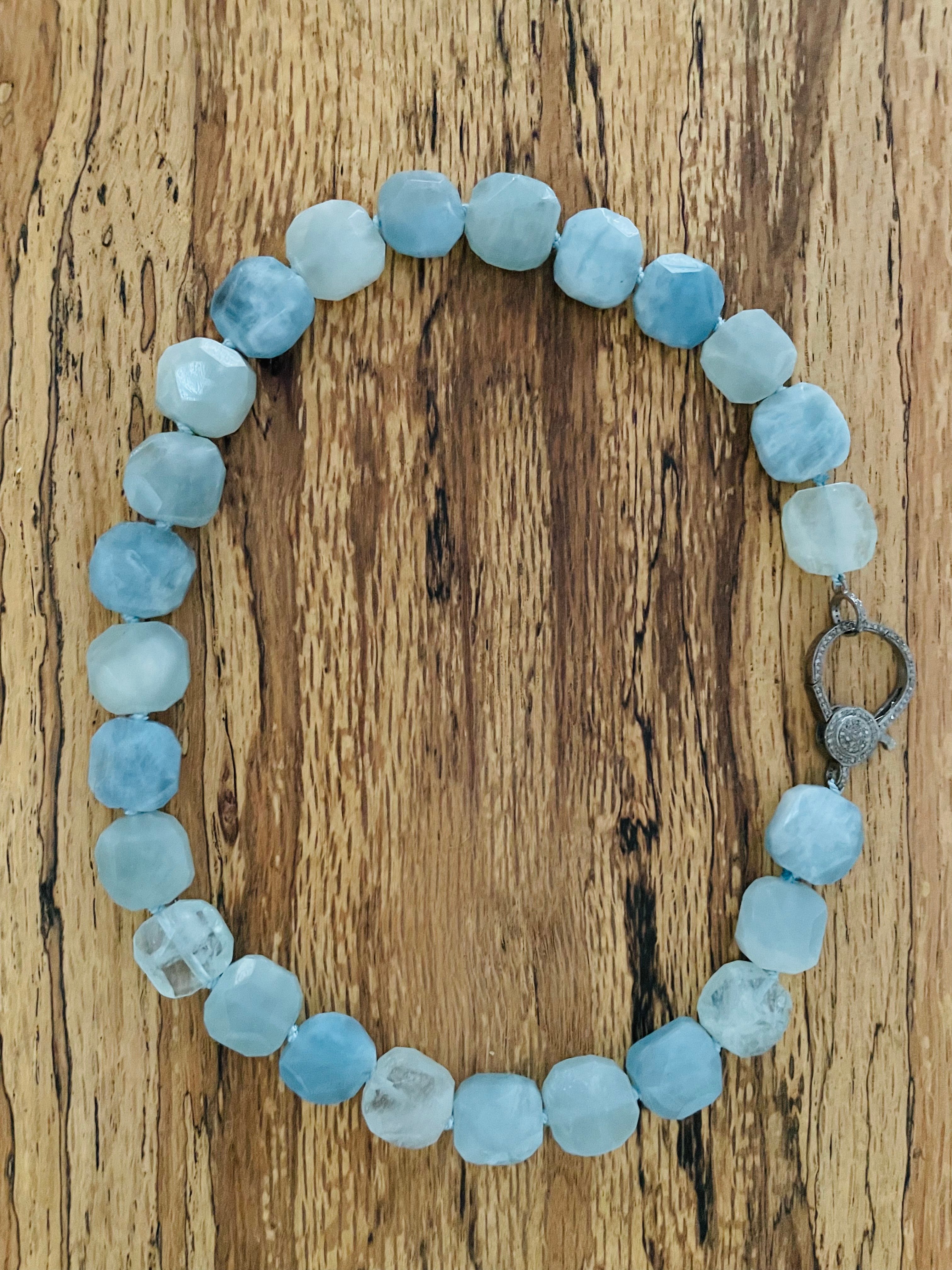 Blue Morganite Necklace w/ Pave Diamond Lobster Clasp