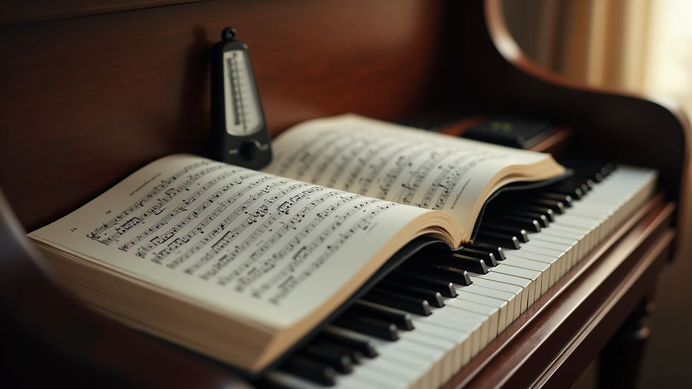 High angle view of piano with open music book and metronome