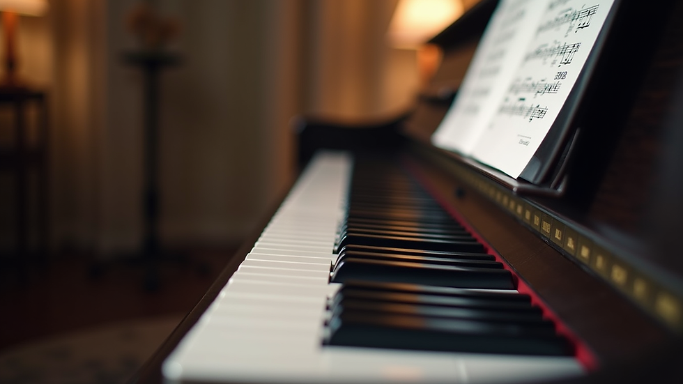 Eye-level view of a piano keyboard with sheet music on a stand