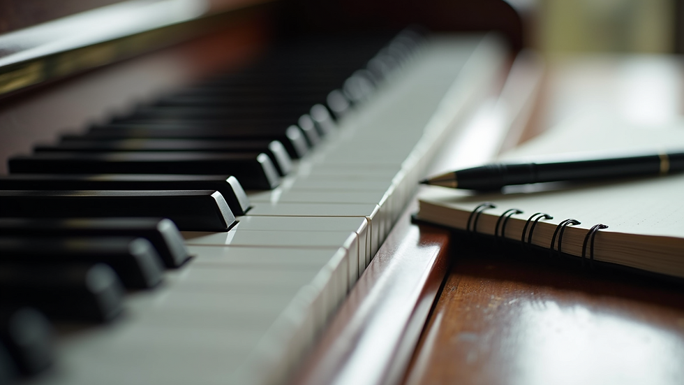 Close-up view of piano keys with a planner and pen on the side