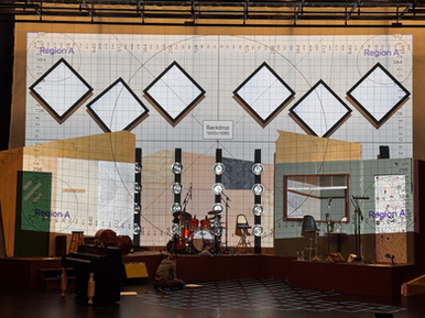 A grid projected on six individual 4'x4' panels and theater cyc to use in projector alignment and mapping.