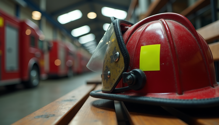 Eye-level view of a firefighter's helmet resting on a worn wooden bench