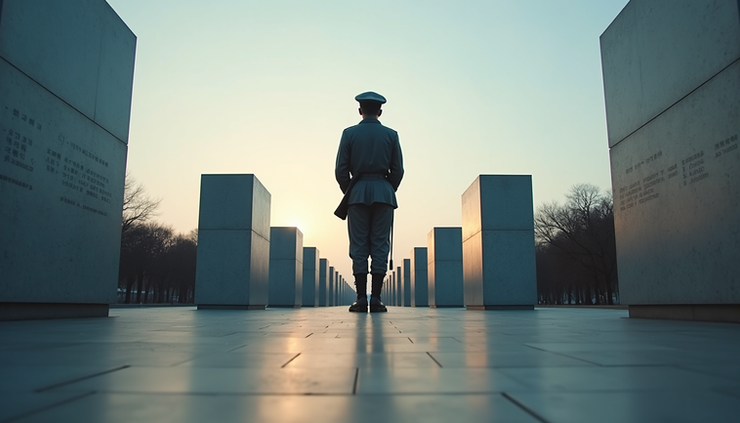 Eye-level view of a Korean War memorial with a single soldier statue