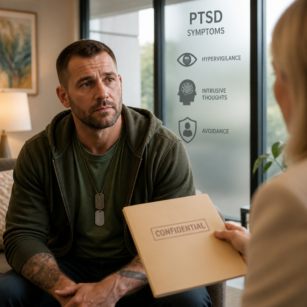 Veteran at an initial intake appointment for PTSD symptoms