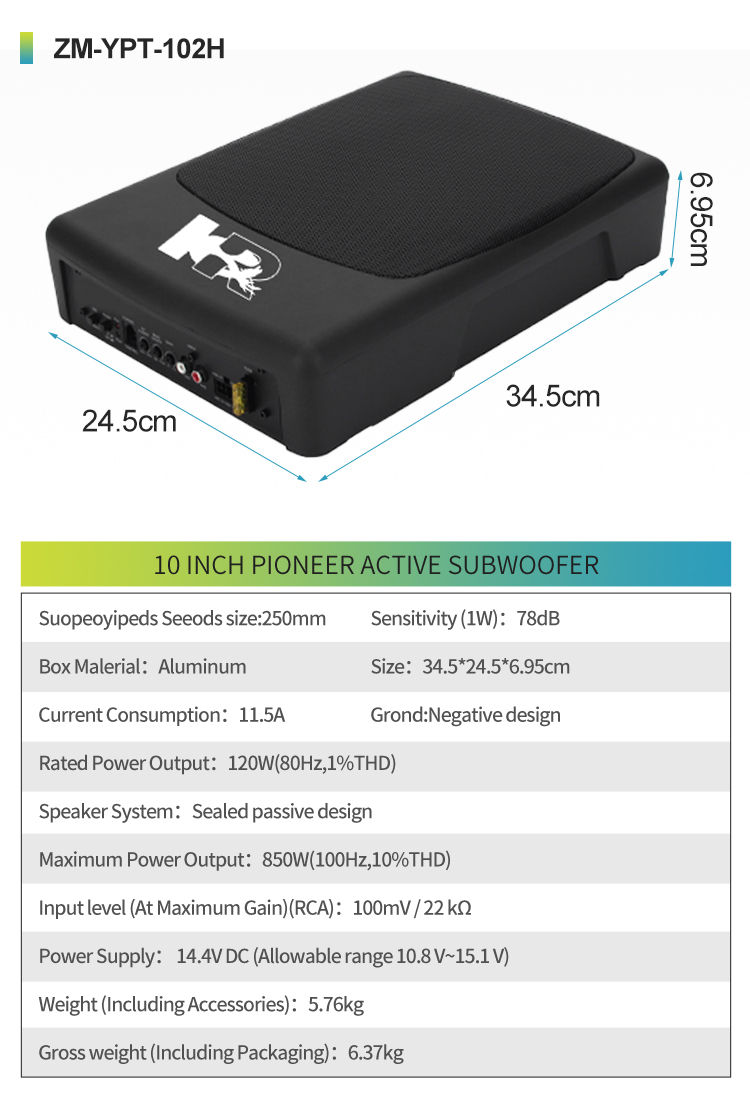 Thumbnail: Zeming 850W Max Power Underseat Car Audio Subwoofer 10 Inch Slim Active Subwoofe