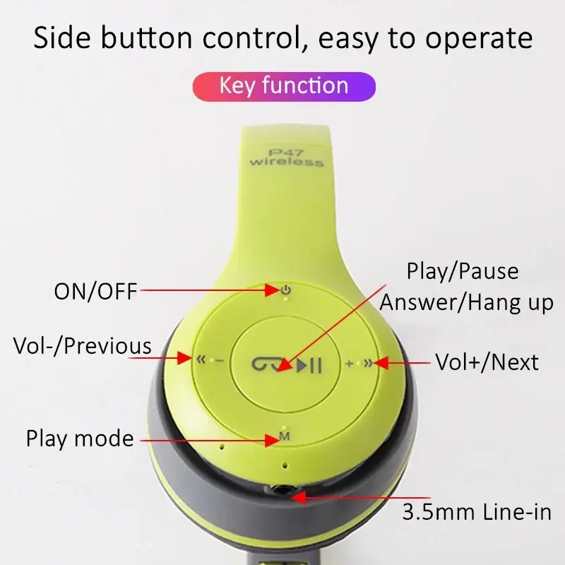 Thumbnail: P47 Bluetooth 5.0 Wireless Headphone Foldable HIFI Stereo Bass Earphone Kid Helm