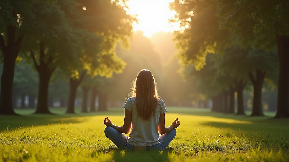 Vista a nivel de ojo de una persona meditando en un parque tranquilo