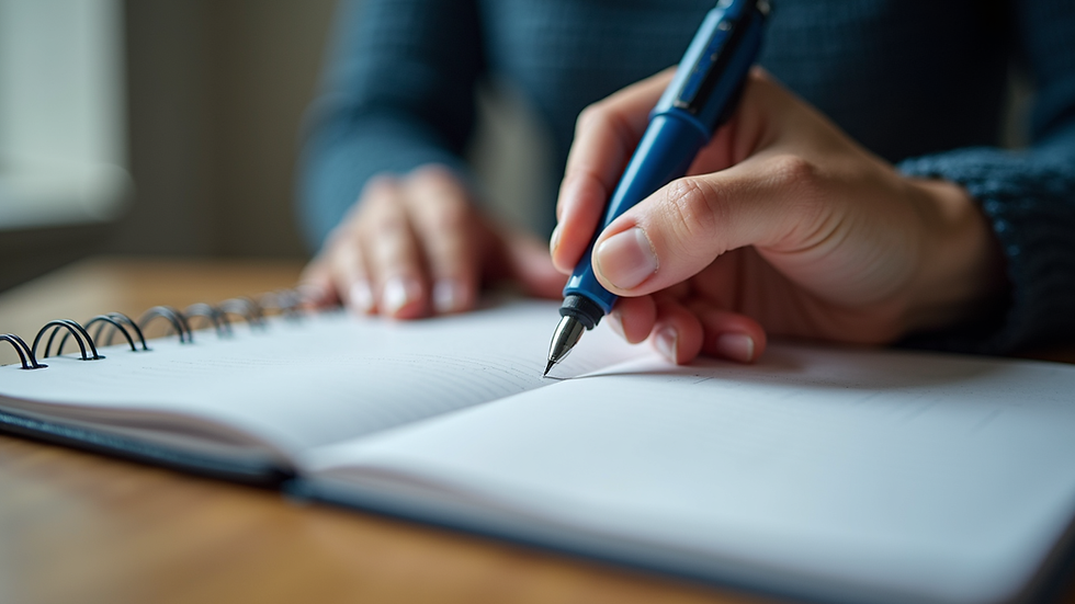 Plano cercano de una persona escribiendo en un cuaderno con un bolígrafo azul