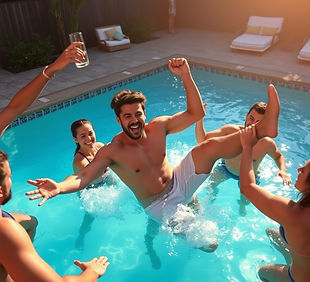 A group of friends throwing the bachelor to the pool at a bachelor party.jpg
