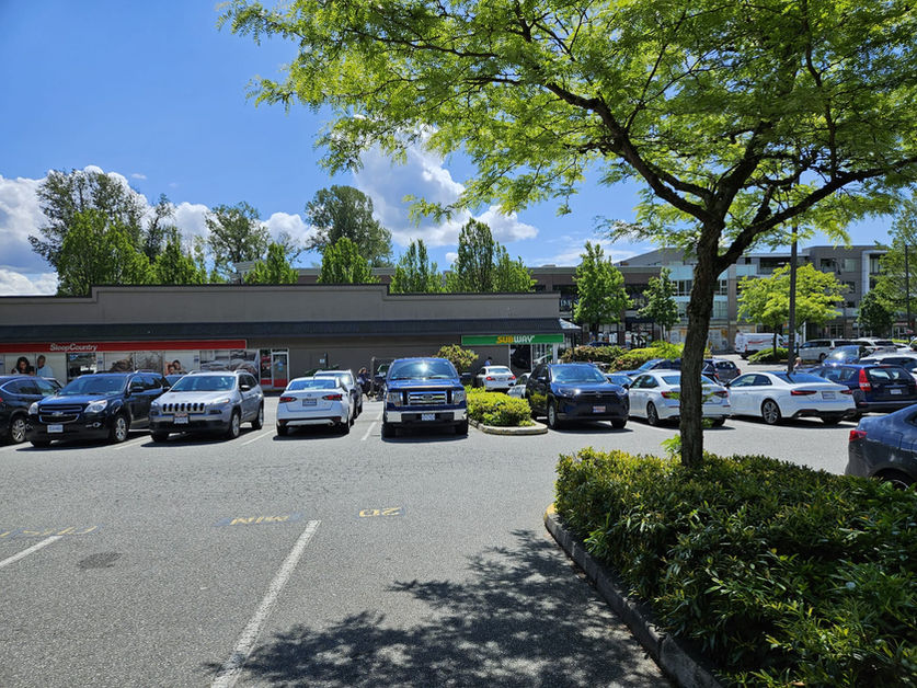 Spacious and accessible parking lot located outside Lily Skin & Body Care in North Vancouver, surrounded by lush greenery and neighboring shops, providing a convenient and welcoming atmosphere for clients.