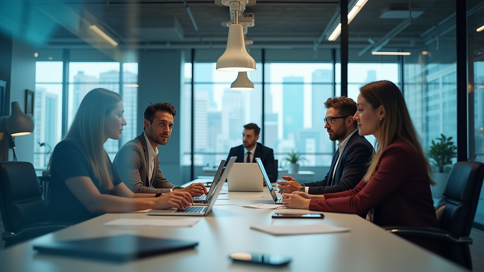 Eye-level view of a modern office with real estate agents using AI-powered software