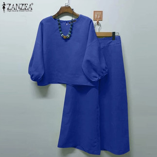 ZANZEA Women's Vintage Lantern Sleeve Set 