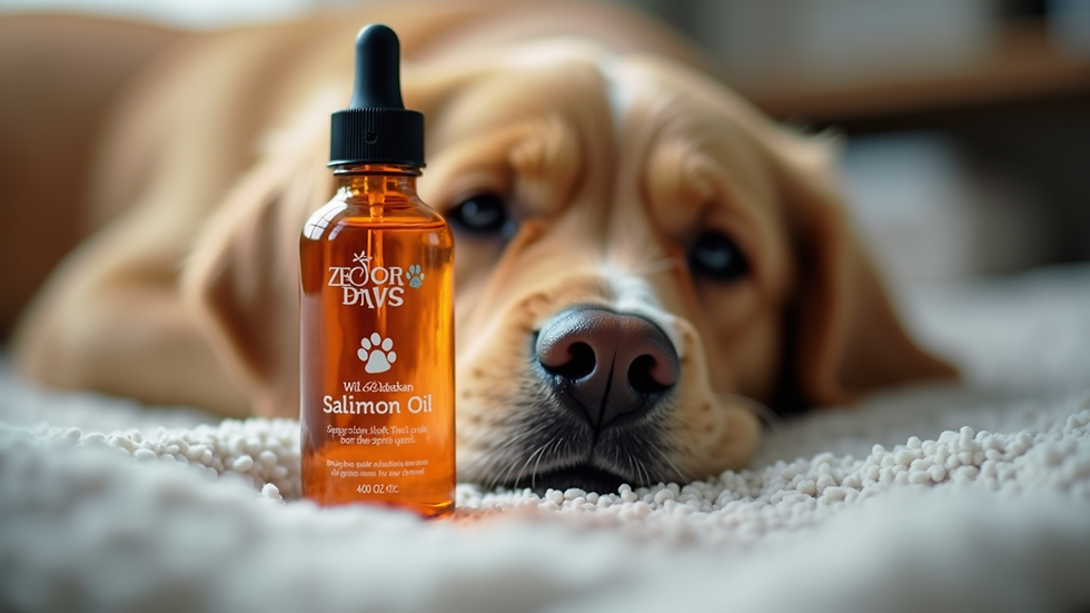Eye-level view of a bottle of Zesty Paws Wild Alaskan Salmon Oil on a soft pet blanket
