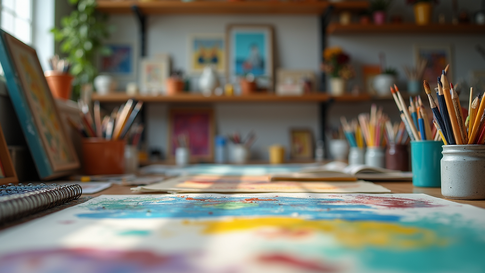 Eye-level view of a neatly organized artist’s workspace filled with colorful art supplies