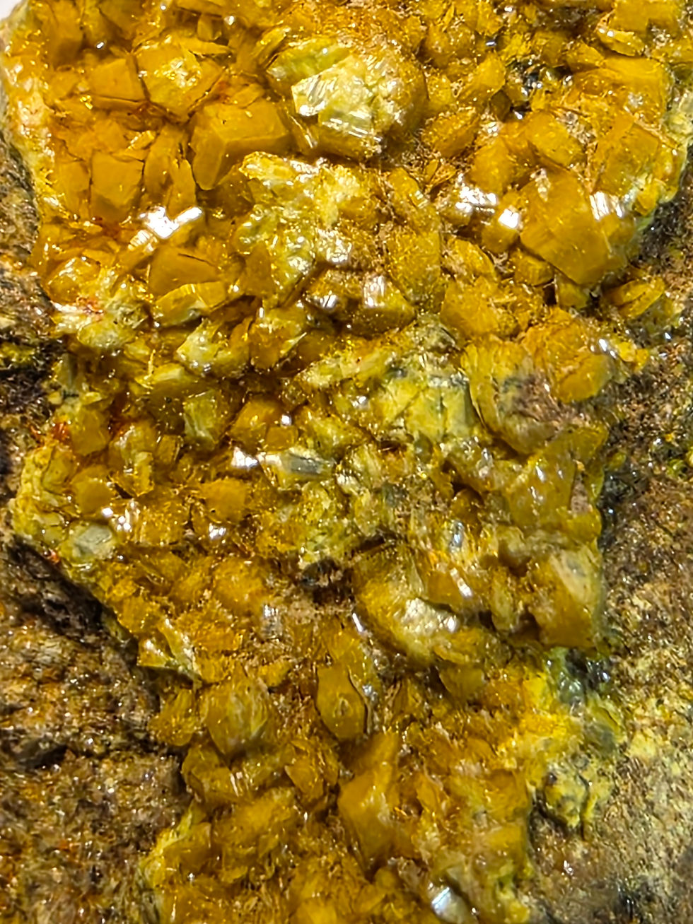 Thumbnail: Top Grade Soddyite Crystals with Curite and Uraninite from Shinkolobwe Mine