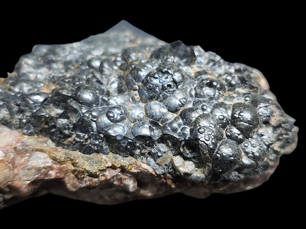 Thumbnail: Chalcopyrite and Nice Botryoidal Uraninite on Calcite from Czechia
