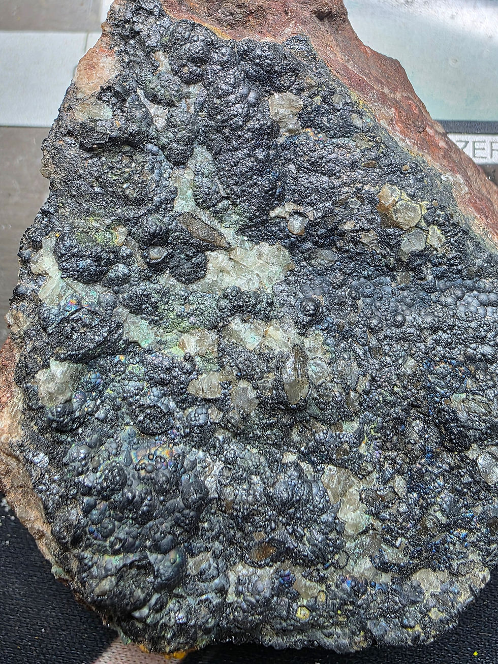 Thumbnail: Gummite, BLUE Botryoidal Uraninite, on Calcite from Pribram, CZ 700,000 cpm