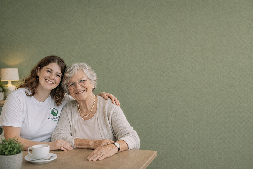 Freundliche Alltagsbegleiterin mit älterer Dame zu Hause auf einem Sofa, beide lächeln in die Kamera und vermitteln Nähe, Vertrauen und persönliche Unterstützung im Alltag