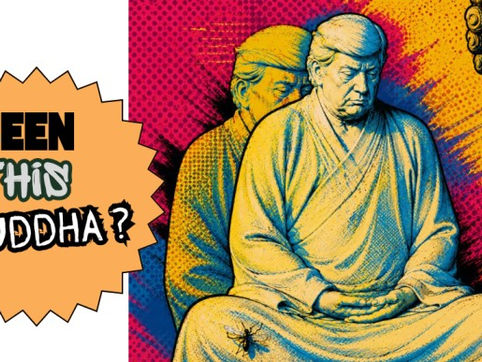 A ceramic sculpture depicting Donald Trump seated in a serene Buddha-like meditation pose, blending political satire with spiritual symbolism.