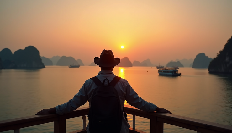 Eye-level view of a Black traveler enjoying a sunset over Ha Long Bay