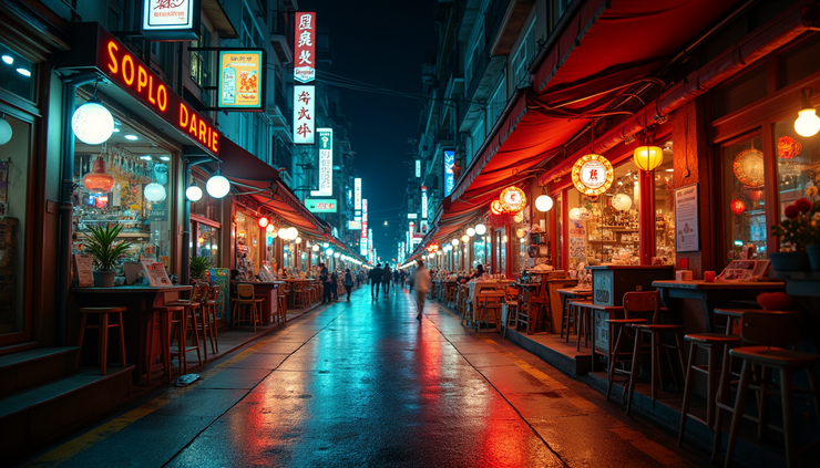 Eye-level view of neon-lit street with bars and night market stalls in Bangkok