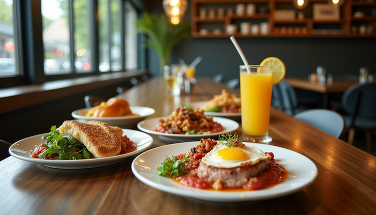 Eye-level view of a lively brunch table with colorful dishes and drinks at Public House, Bangkok