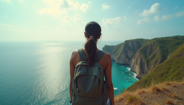 Wide angle view of a scenic Indonesian coastal spot with a Black traveler enjoying the view