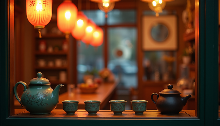 Close-up view of a Chinese tea shop window, symbolizing cultural exchange and warmth