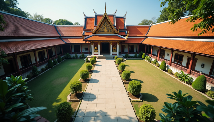 High angle view of a peaceful temple courtyard in Chiang Mai with traditional Thai architecture
