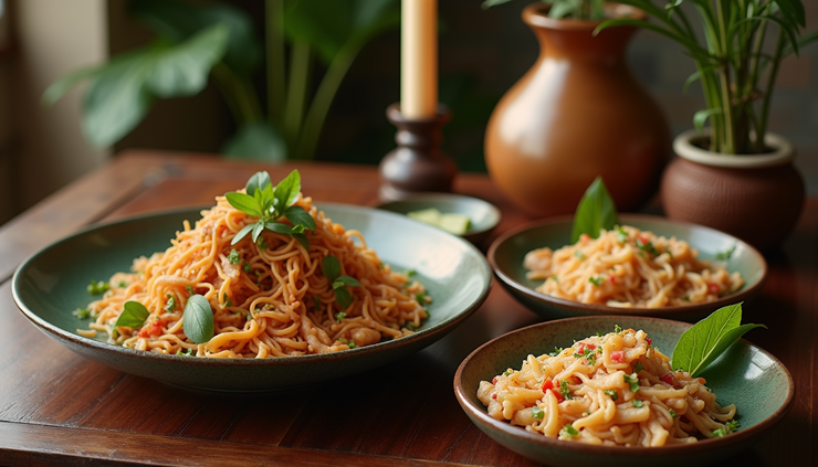 Close-up view of a traditional Thai restaurant table setting with local dishes