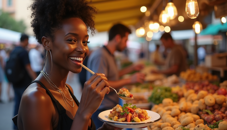Close-up view of a Black woman enjoying tapas at a colorful outdoor market in Barcelona
