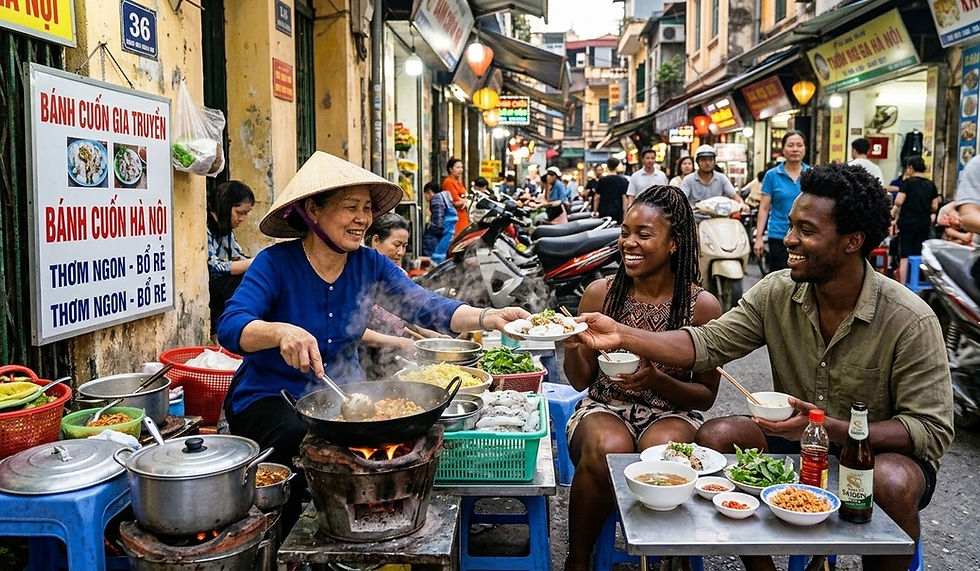 Street vendor selling traditional Vietnamese food in Hanoi