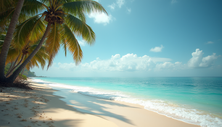 Eye-level view of a quiet beach in Hua Hin with calm waves and a few palm trees