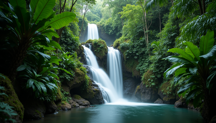Close-up view of a tropical waterfall surrounded by dense jungle foliage