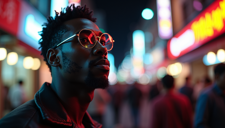 Close-up view of a Black man illuminated by neon lights on Walking Street, Pattaya
