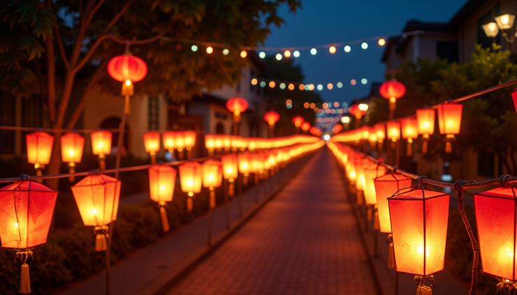 High angle view of a colorful lantern festival in Hoi An at night
