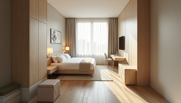 High angle view of the guesthouse rooms with modern decor and natural light