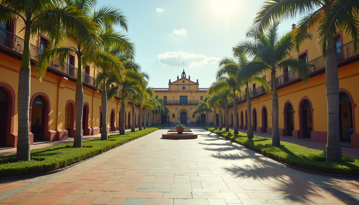 High angle view of a quiet Mérida plaza with colonial buildings and palm trees