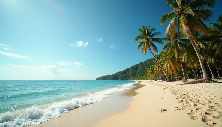 Wide angle view of a peaceful Balinese beach with palm trees and calm waves