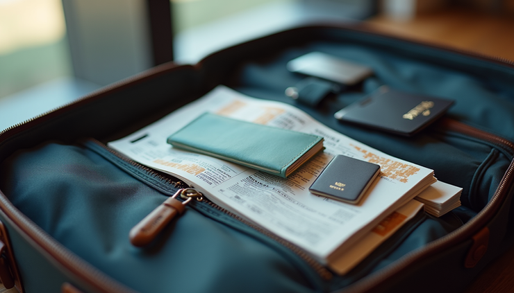 Close-up view of a travel bag with organized travel documents and essentials