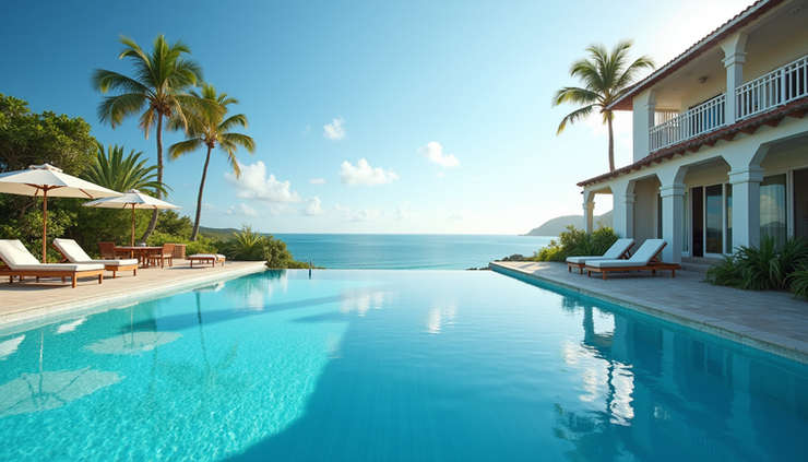 Eye-level view of Silversands Resort pool area with ocean in the background
