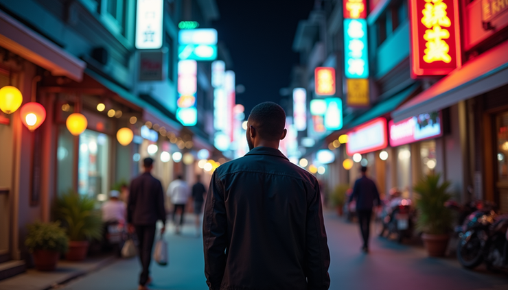 High angle view of a Black man walking through a neon-lit nightlife district in Thailand