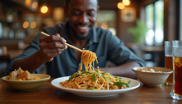 Close-up view of a Black traveler enjoying a traditional Southeast Asian meal at a local restaurant