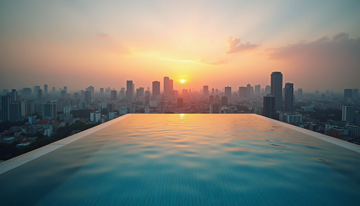 Eye-level view of a rooftop pool overlooking Bangkok skyline at sunset