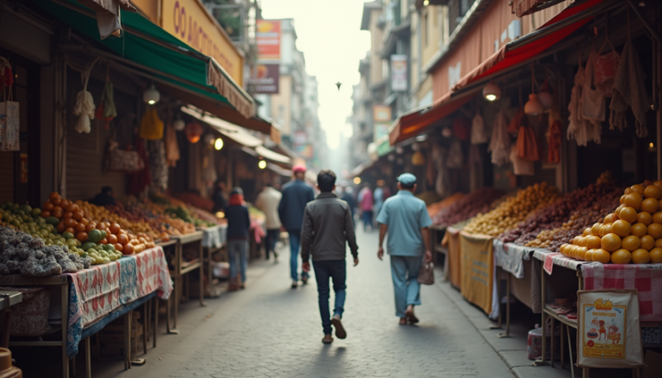 Eye-level view of a busy street market in an international city with diverse cultural elements