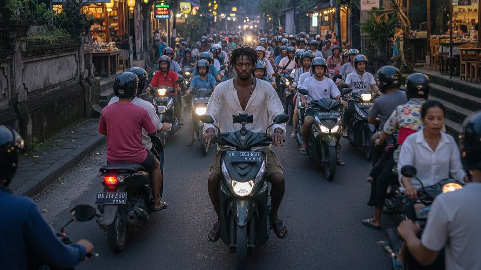 Busy street in Bali with heavy scooter traffic