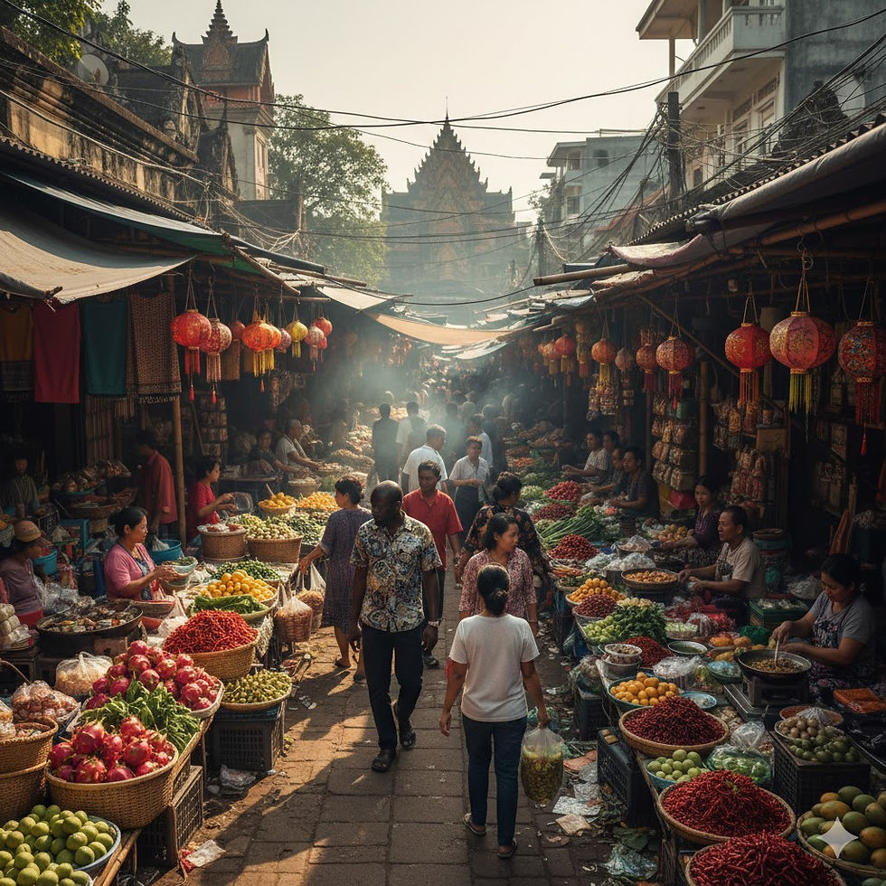 Busy street market in Bangkok crowded with tourists