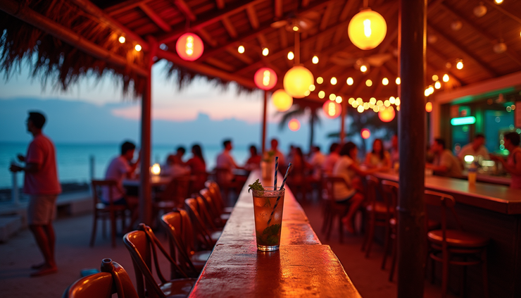 Eye-level view of a bustling beach bar in Pattaya with colorful lights and relaxed patrons